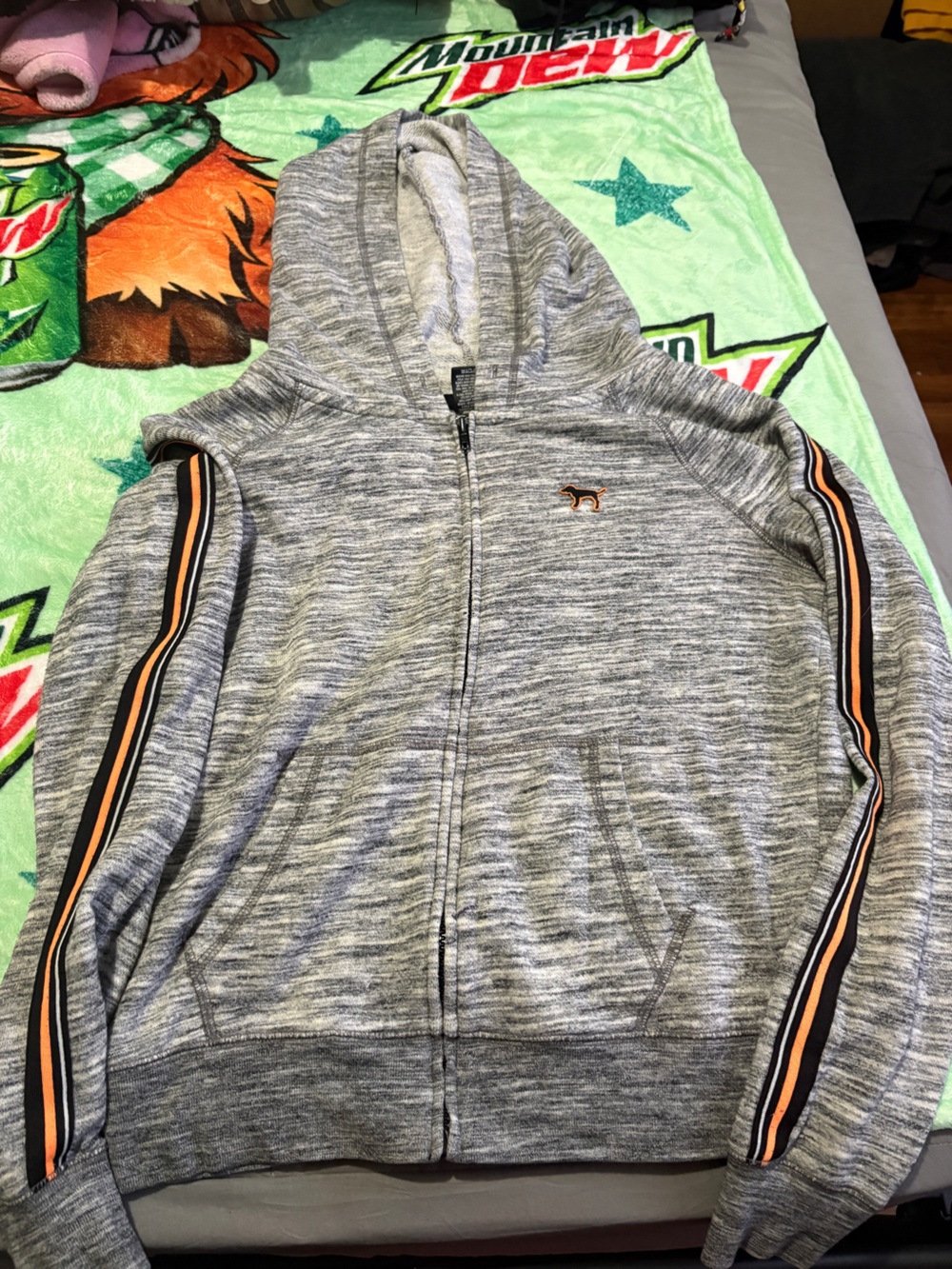 Victoria's Secret Gray Heather Full-Zip Sweater with Black and Orange Stripes